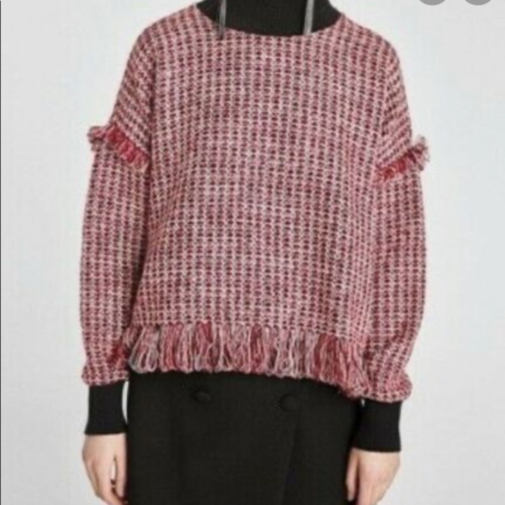 Zara Red Black Mock-Neck Tweed Fringe Pullover Sweater - Picture 2 of 9